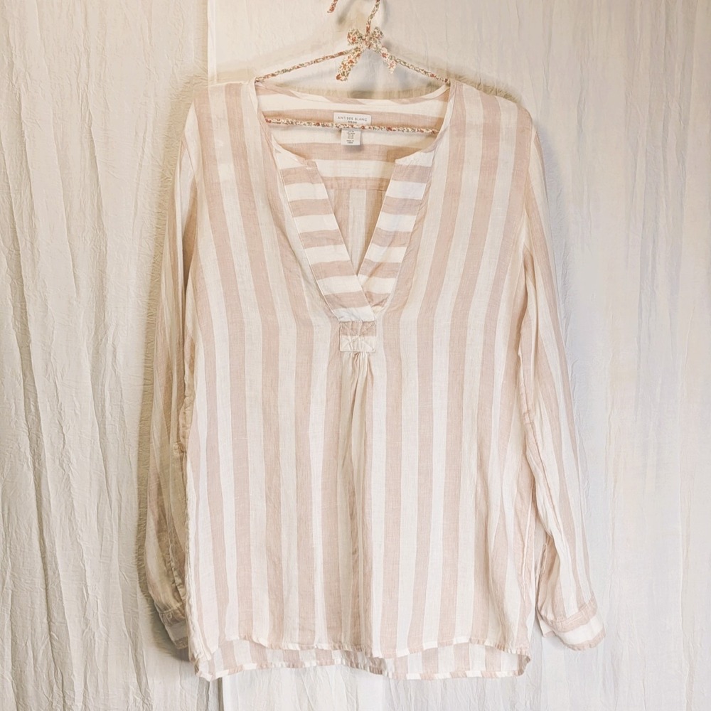 Antibes Blanc Beige/White Striped 100% Linen Shirt Top Popover Tunic Size M